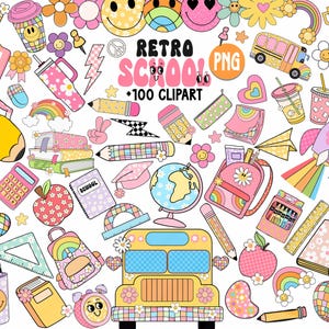 Groovy School Clipart Bundle, Retro Back to School Supplies Clip art, Teacher Png pastel graduation, Clipart Png Bundle, Daisy books Pencil.