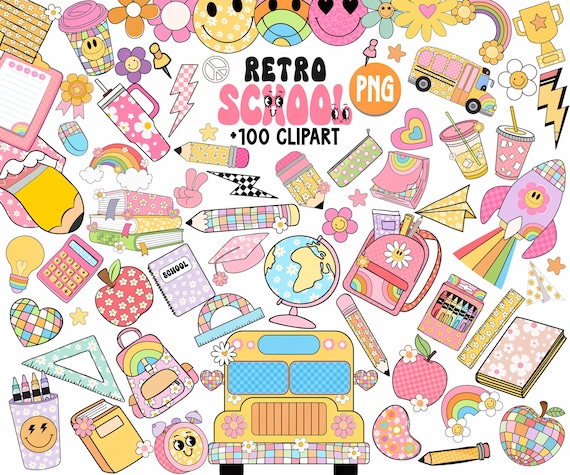 Retro Groovy School Clipart Bundle, Retro School Supplies Clipart, Teacher Clipart Png, School Clipart png bundle, Clipart Png Bundle