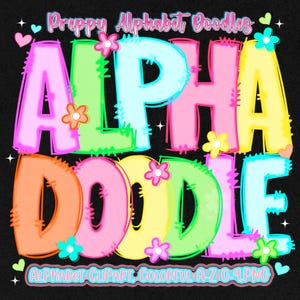 Preppy Buchstaben & Zahlen PNG Bundle, 7 Farben Doodle Alphabet Clipart, bunte A-Z az 0-9 Schriftart, Lehrer zurück in die Schule Sublimationsset