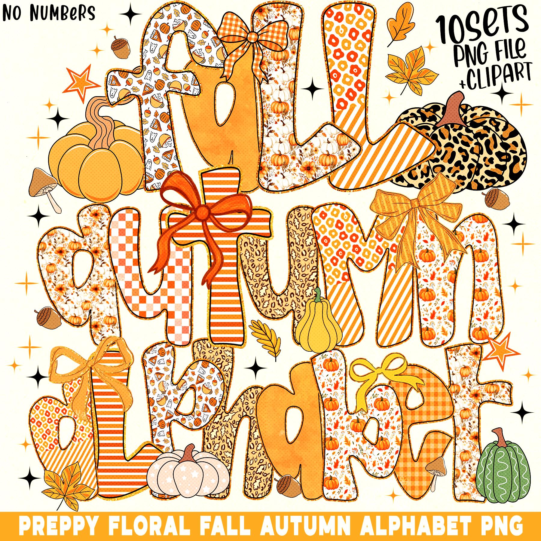 Preppy Fall Alphabet PNG Bundle, Coquette Floral Letters for Sublimation, Retro Pumpkin Monogram Clipart, Autumn Font PNG, thanksgiving png