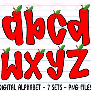 Puede incluir: Un conjunto de alfabeto digital con letras rojas con tapas en forma de manzana y hojas verdes. Se muestran las letras a, b, c, d, w, x, y y z. El texto "DIGITAL ALPHABET - 7 SETS - PNG FILES" est&aacute; en la parte inferior.