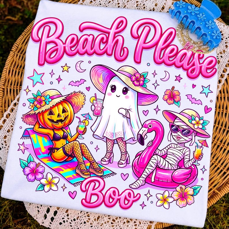 May include: A white t-shirt featuring a colorful graphic with the text Beach Please and Boo. The design includes a pumpkin character, a ghost, and a mummy wearing sun hats and sunglasses, surrounded by tropical flowers, stars, and bats.