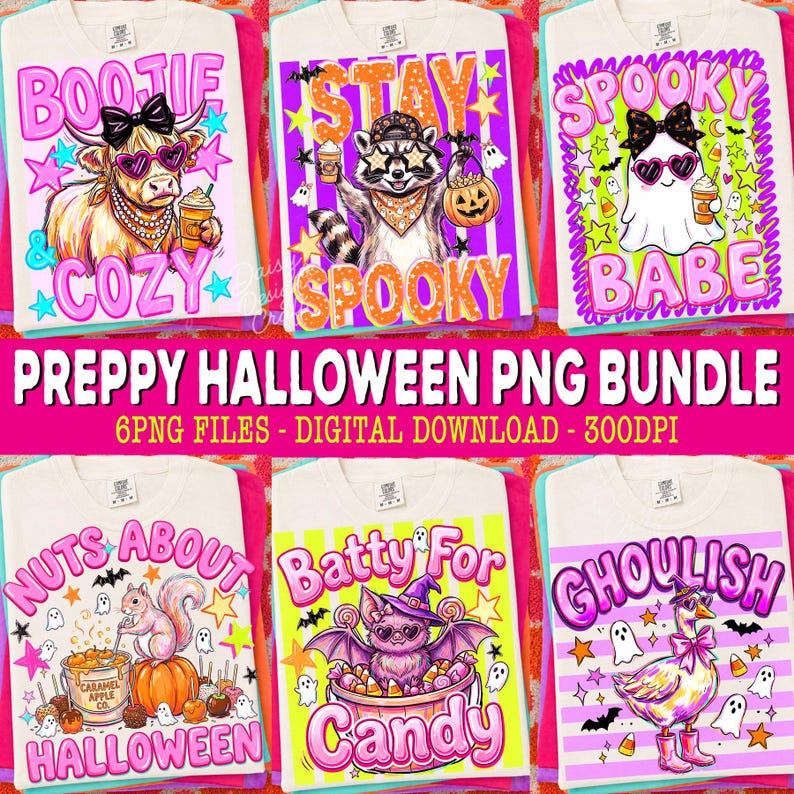 May include: A collection of six white t-shirts featuring Halloween-themed graphic prints. Designs include a highland cow, a raccoon, a ghost, a squirrel, a bat, and a goose, all decorated with colorful stars, pumpkins, and festive text.