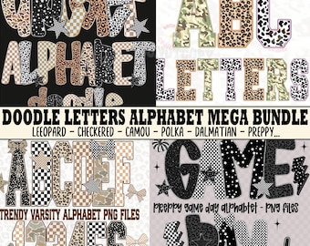 Doodle letters MEGA-alfabetbundel, preppy varsity luipaard geruite lettertypeletters, trendy dambordprint camouflage sublimatie alfasets