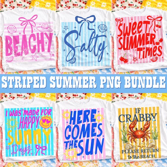 Preppy Summer PNG Bundle, Coquette Beach Designs, Striped Aesthetic Quotes, Girly Vacation Sublimation PNG Pack, Trendy Summer Shirt Files
