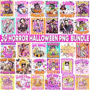 May include: A digital collection of 30 horror Halloween PNG designs featuring various characters like skeletons, ghosts, and animals in festive costumes. Each graphic includes colorful text and seasonal motifs such as pumpkins, bats, and webs.