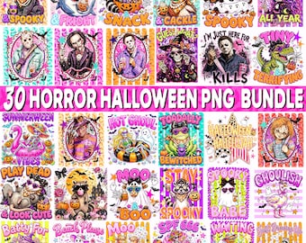 Halloween Horror PNG-bundel, Spooky Season PNG, Retro Halloween PNG, Halloween Horror-personages PNG, Halloween-shirtontwerp, Direct downloaden