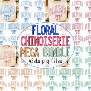 May include: A digital download of four sets of floral chinoiserie designs for embroidery. Each set features a different color scheme: pink, blue, green, and orange. The designs include the words "Mama", "Gigi", "Mimi", "Mini", "Nana", "Auntie", "Wifey", "Mom", and "Nanny".