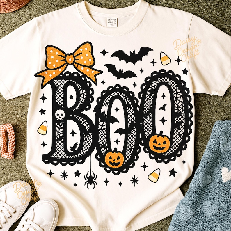 Puede incluir: Camiseta de color crema con un dise&ntilde;o tem&aacute;tico de Halloween. La palabra "BOO" est&aacute; escrita en letras negras ornamentadas, con un lazo, murci&eacute;lagos, calabazas y caramelos. Una ara&ntilde;a cuelga debajo de la "O".