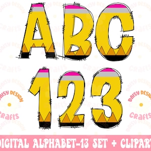 May include: A digital alphabet and number set with a pencil theme. The letters A, B, and C, and numbers 1, 2, and 3 are in yellow, with black outlines and pencil-like details. The text "DIGITAL ALPHABET-13 SET + CLIPART" is at the bottom.