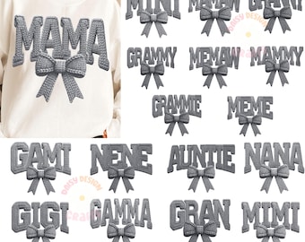 Grijze gehaakte familie png-bundel, strik van imitatiegaren png, 3D-haak Mama Mini Gigi png-bundel, Cosy Knitted Coquette png, 3D-gehaakte bundel