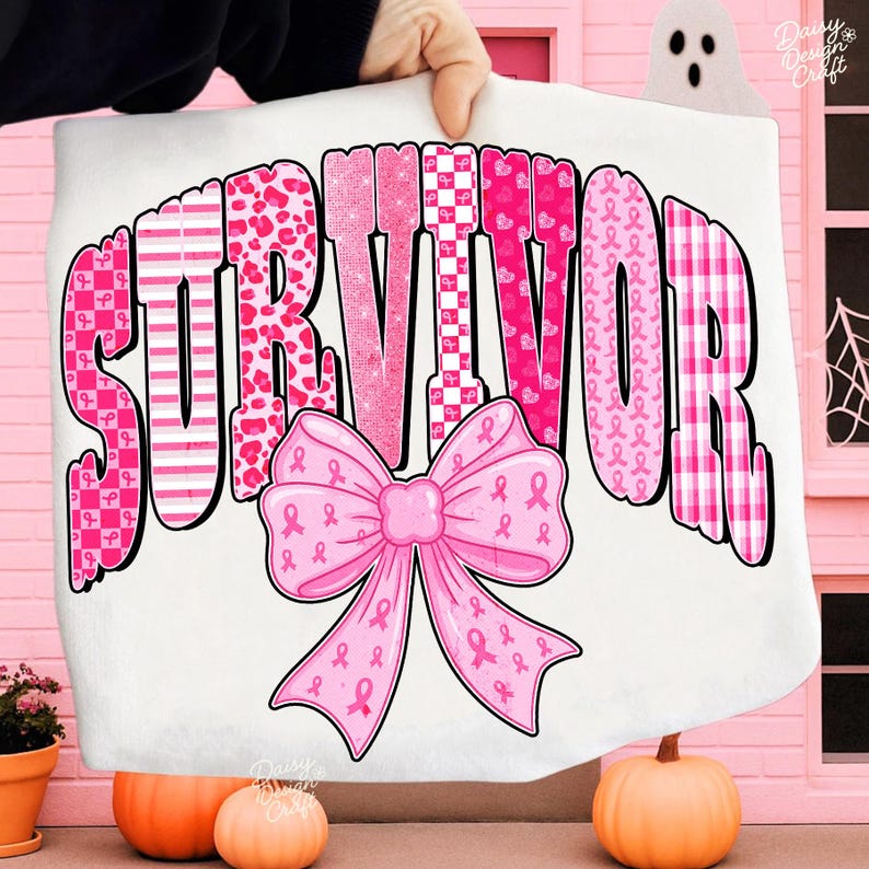 May include: A white tote bag with the word "SURVIVOR" in pink, patterned letters. A large pink bow with pink ribbons is centered below the word. The letters have various patterns, including stripes, leopard print, and ribbons. The bag is held in front of a pink background.
