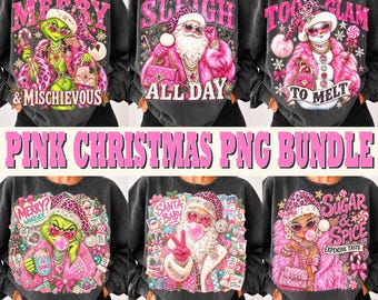 Roze kerst PNG-bundel, Preppy kerst PNG, Roze kerstman PNG, Kerstfigurenbundel, Retro kerst sublimatieontwerpen