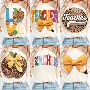 Enseignant Patch Bundle PNG, 3D au Crochet enseignant PNG ensemble, léopard pomme enseignant des cliparts, crayon noeud Patch PNG, prof rétro sublimation dessins