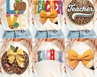Teacher Patch Bundle PNG, 3D Crochet Teacher PNG Set, Leopard Apple Teacher Clipart, Pencil Bow Patch PNG, Retro Teacher Sublimation Designs