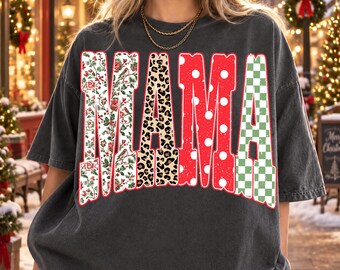 Christmas Mama PNG, Floral Leopard Plaid Pattern Letters, Retro Sublimation Design, Digital Download