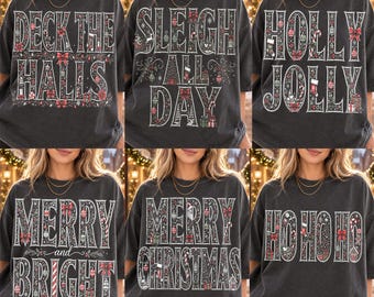 Vintage Christmas PNG Bundle, Deck The Halls Sleigh Holly Jolly Merry Bright, Retro Hand Lettered Sublimation, Digital Download