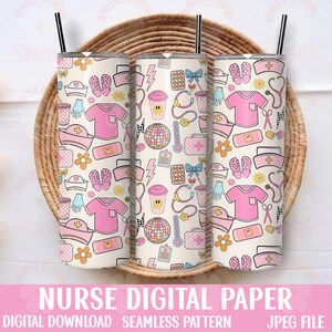May include: A digital paper design featuring a seamless pattern of pink and yellow nurse-themed icons on a cream background. The icons include a stethoscope, a nurse's hat, a bandage, a pill bottle, a thermometer, a pair of scissors, a disco ball, a coffee cup, and a nurse's uniform. The text "NURSE DIGITAL PAPER" is displayed at the bottom of the image.