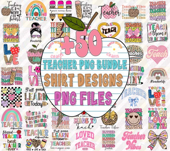 50+ Teacher PNG Bundle, Retro Boho Teacher Sublimation, Teacher Appreciation PNG, Rainbow Teacher Life Shirt Design, Preppy Back To School