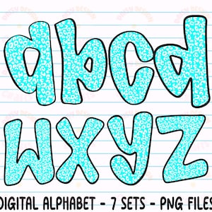 Puede incluir: Un conjunto de alfabeto digital con letras de burbujas turquesas, cada una rellena con un dise&ntilde;o de estampado de leopardo blanco y delineadas en negro. El texto "DIGITAL ALPHABET - 7 SETS - PNG FILES" est&aacute; en la parte inferior.