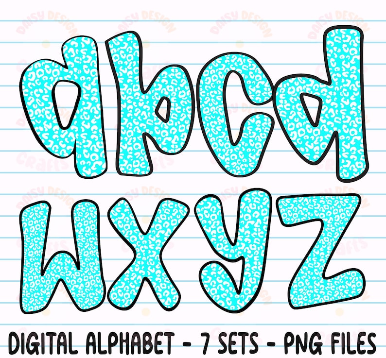 Puede incluir: Un conjunto de alfabeto digital con letras de burbujas turquesas, cada una rellena con un dise&ntilde;o de estampado de leopardo blanco y delineadas en negro. El texto "DIGITAL ALPHABET - 7 SETS - PNG FILES" est&aacute; en la parte inferior.