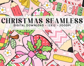 Christmas Teacher Seamless Pattern, Teacher Digital Paper, Retro Christmas PNG, Teacher Coquette Png, Pencil Coquette Bow, repeat Patterns