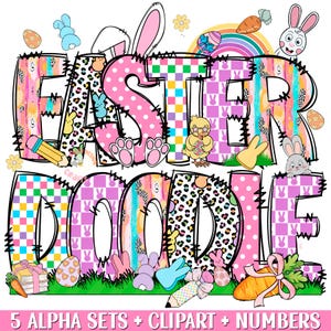 Pu&ograve; includere: Un design di doodle di Pasqua colorato con uno schema di colori rosa, giallo e blu. Il design presenta le parole "Easter Doodle" con una variet&agrave; di elementi a tema pasquale, tra cui coniglietti, pulcini, uova e carote.