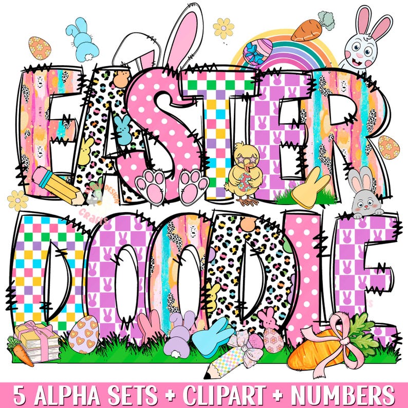 Pu&ograve; includere: Un design di doodle di Pasqua colorato con uno schema di colori rosa, giallo e blu. Il design presenta le parole "Easter Doodle" con una variet&agrave; di elementi a tema pasquale, tra cui coniglietti, pulcini, uova e carote.