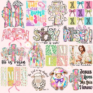 Pu&ograve; includere: Una collezione di design digitali colorati a tema pasquale con croci, coniglietti, agnelli e citazioni ispiratrici. I design includono frasi come "&Egrave; risorto", "Amen", "Storia vera" e "Ges&ugrave; mi ama, lo so".