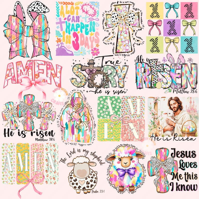 Pu&ograve; includere: Una collezione di design digitali colorati a tema pasquale con croci, coniglietti, agnelli e citazioni ispiratrici. I design includono frasi come "&Egrave; risorto", "Amen", "Storia vera" e "Ges&ugrave; mi ama, lo so".
