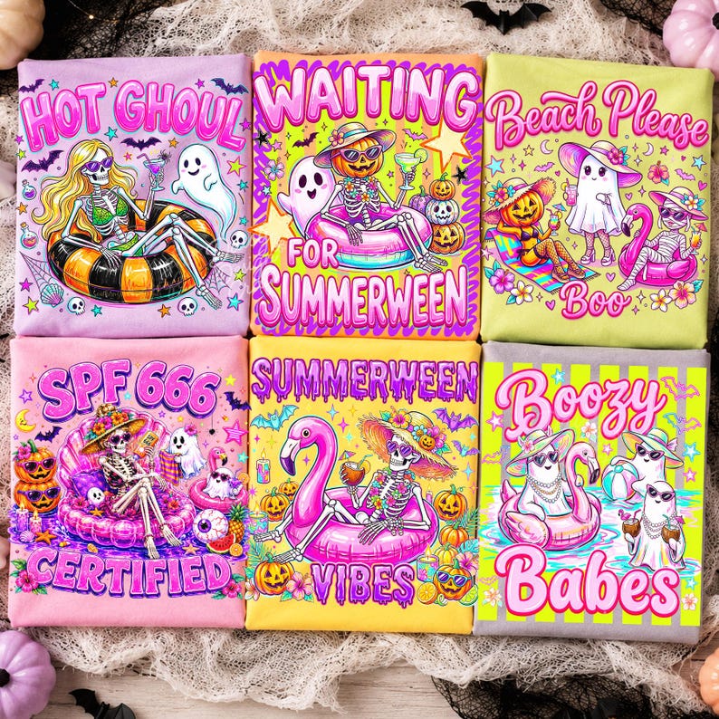 May include: Six folded t-shirts featuring colorful Summerween graphics. Designs include skeletons in pool floats, ghosts, pumpkins, flamingos, and text like 'Hot Ghoul', 'Waiting for Summerween', 'Beach Please Boo', 'SPF 666 Certified', 'Summerween Vibes', and 'Boozy Babes'.