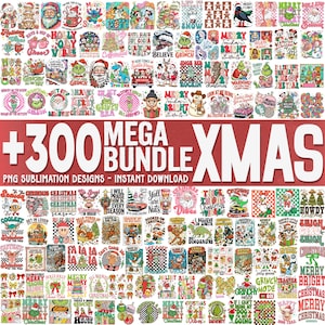 May include: A collection of over 300 PNG sublimation designs with a Christmas theme. The designs feature various holiday characters, phrases, and graphics in a variety of colors, perfect for instant download.