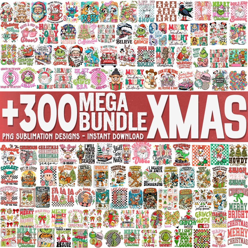 May include: A collection of over 300 PNG sublimation designs with a Christmas theme. The designs feature various holiday characters, phrases, and graphics in a variety of colors, perfect for instant download.