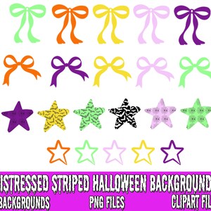 Op de afbeelding: Een verzameling digitale grafische elementen met tien kleurrijke strikken in verschillende tinten, zes effen en bedrukte sterren, en vijf sterren in omtrek. De tekst onderaan luidt: DISTRESSED STRIPED HALLOWEEN BACKGROUNDS BACKGROUNDS PNG FILES CLIPART FILES.