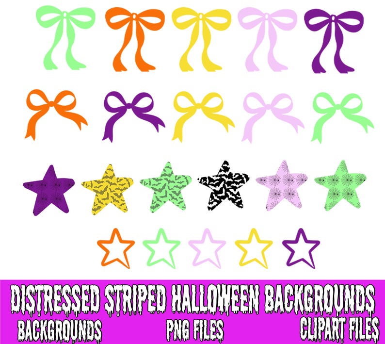 Op de afbeelding: Een verzameling digitale grafische elementen met tien kleurrijke strikken in verschillende tinten, zes effen en bedrukte sterren, en vijf sterren in omtrek. De tekst onderaan luidt: DISTRESSED STRIPED HALLOWEEN BACKGROUNDS BACKGROUNDS PNG FILES CLIPART FILES.