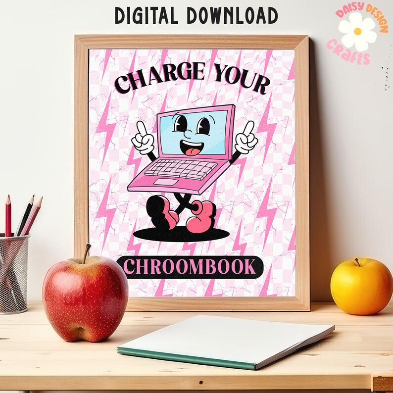 May include: A pink and black cartoon Chromebook with lightning bolts and the text "Charge Your Chromebook" on a pink and white checkered background.