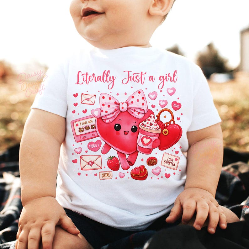 Literally Just a Girl Valentine PNG, Cute Girly Heart Character PNG, Pink Coquette Valentine Design for Kids Shirt, Toddler Valentine png image 5