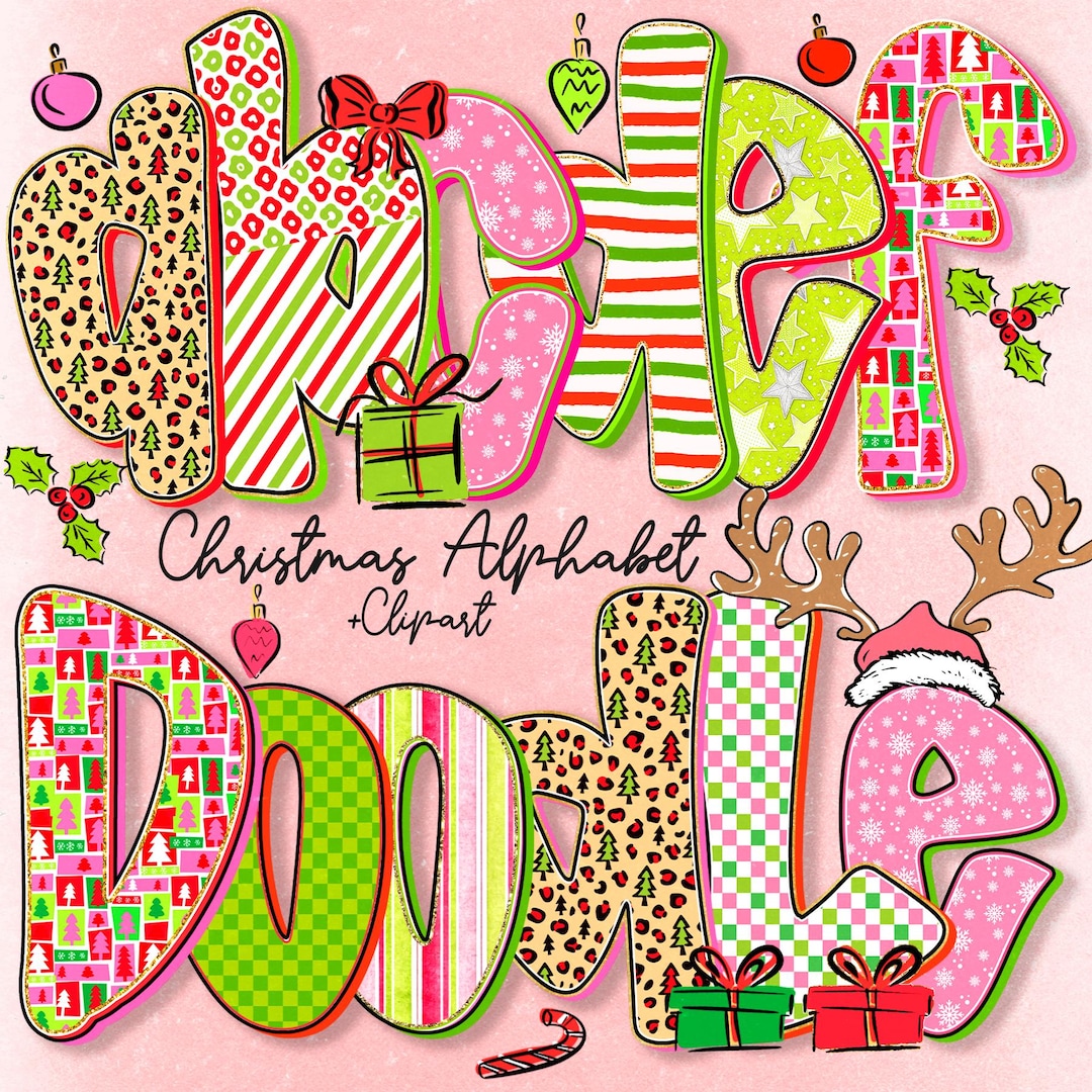 Preppy Christmas Alphabet Bundle PNG, Christmas Doodle Letters, Gingham ...