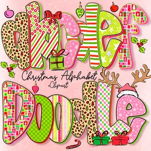 May include: A vibrant digital artwork with the words "Merry Craft Doodle" in a festive font. The letters are decorated with Christmas patterns, such as stripes, polka dots, and animal prints, with holiday-themed embellishments like baubles and gifts.