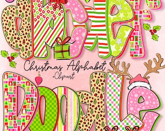 Preppy kerstalfabetbundel PNG, kersttekenletters, Gingham Grandmillenial vakantielettertype voor Kerstmis, kerstprikbord