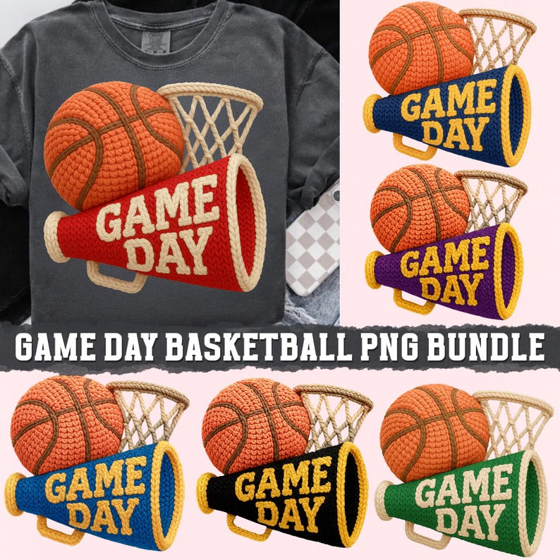 K&ouml;nnte beinhalten: Eine Sammlung digitaler Grafiken zum Thema Basketball. Die Designs umfassen orangefarbene Basketb&auml;lle, Basketballnetze und Megaphone mit dem Text "GAME DAY" in verschiedenen Farben. Der Text "GAME DAY BASKETBALL PNG BUNDLE" ist ebenfalls vorhanden.