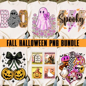 May include: A collection of cream-colored t-shirts featuring Halloween-themed designs. The designs include a ghost with a bow, pumpkins, the word "Boo", and the word "Spooky". The text "FALL HALLOWEEN PNG BUNDLE" is displayed in a horizontal orange banner.