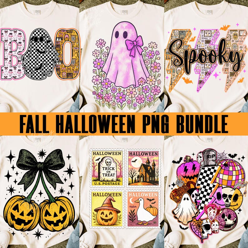 May include: A collection of cream-colored t-shirts featuring Halloween-themed designs. The designs include a ghost with a bow, pumpkins, the word "Boo", and the word "Spooky". The text "FALL HALLOWEEN PNG BUNDLE" is displayed in a horizontal orange banner.