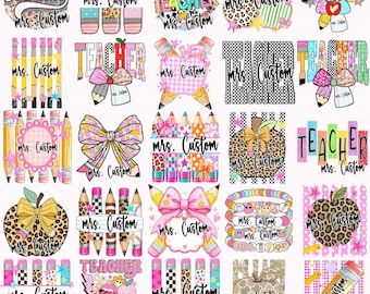Personalized Teacher Png Bundle, Custom Teacher name Png, Back To School Png, Teacher appreciation,Retro Teacher png,Teacher Pencil Bow Png