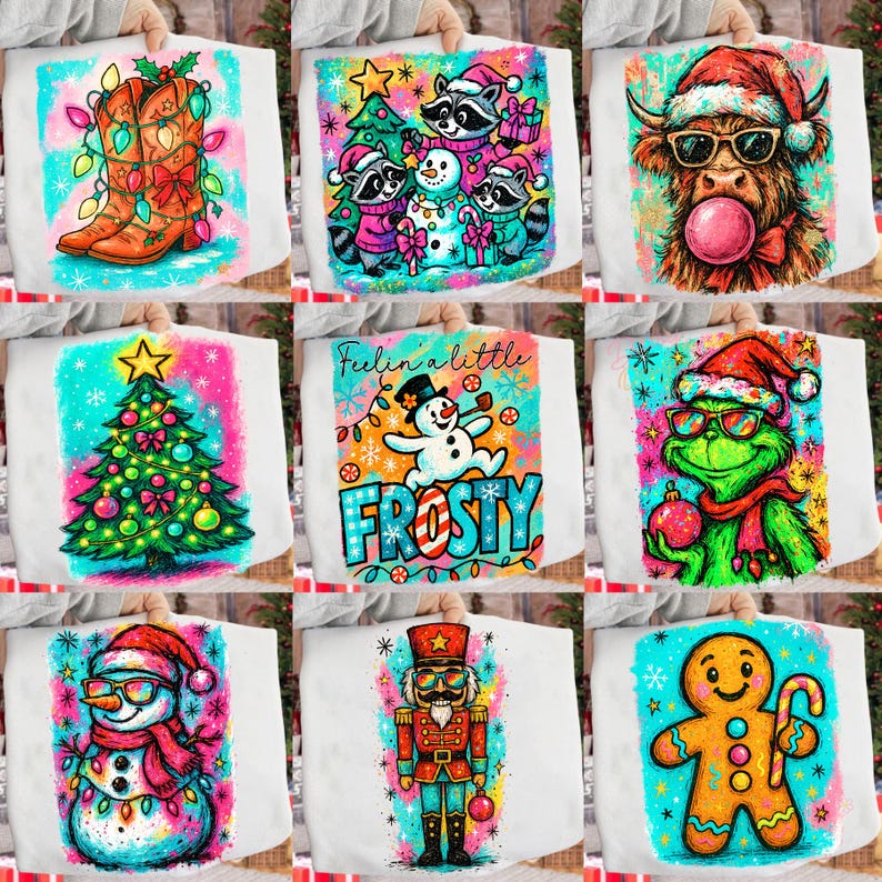 May include: A collection of white tote bags featuring colorful Christmas-themed designs. The designs include a cowboy boot with Christmas lights, raccoons with a snowman, a Highland cow with sunglasses, a Christmas tree, a snowman, the Grinch, a nutcracker, and a gingerbread man.