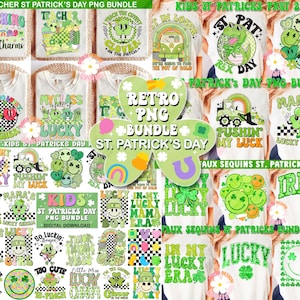 May include: A selection of St. Patrick's Day PNG designs, featuring text such as "Lucky Charms" and "Irish." The designs are in green, white, and black. The images are displayed on t-shirts and a shamrock-shaped graphic, perfect for digital crafting.