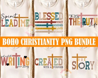 Pacote de arquivos SVG e PNG com temática cristã boho, incluindo versículos bíblicos, Salmos, Jesus, Deus e fé, além de designs retrô para sublimação.