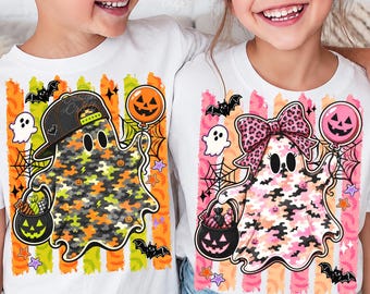 Camo Boy Girl Ghost Halloween Png, Spooky Ghost with Balloon Shirt Design, Striped Spooky Season Sublimation, Kids Ghost Ball Cap Download