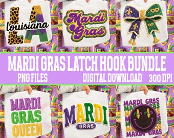 Mardi Gras Latch Hook Bundle PNG, Crochet Yarn Mardi Gras Clipart Set, Carnival Shirt png, Louisiana PNG, 3D Crochet Marid gras Designs