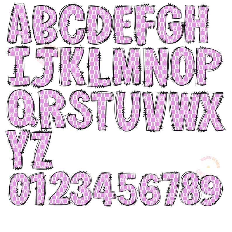 May include: A pink and white checkered alphabet and numbers with a black outline. The letters and numbers are in a cartoon style with a stitched edge.